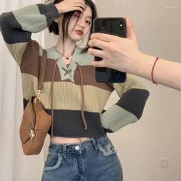 Women's Hoodies Striped Contrasting Lace Up Knitted Sweater For Women Autumn And Winter Korean Design Sense V-neck Loose Short Sleeved Top