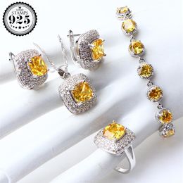 Costume Jewellery Sets Yellow Cubic Zirconia Silver 925 Jewellery Earrings For Women Wedding Ring Necklace Pendant Set Gifts Box CX200240T