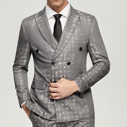 Ethnic Clothing Men's Grey Jacquard Suits 2023 Casual Double Breasted 6 Buttons Wedding Grooms Wear Jacket Pants Formal Prom Dinner 231213