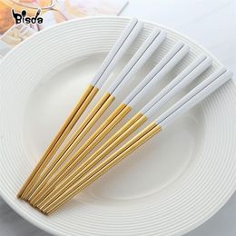 5 Pairs Chopsticks Stainless Steel Titanize Chinese Gold chopsitcks Set Black Metal Chop Sticks Set Used For Sushi Dinnerware T200211D