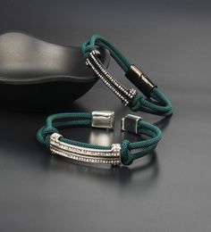 Jewellery Women Bracelets Clear Cz Long Tube Buckle Bracelet With Green String Braided Men Stainless Steel Bangle Jewelry1971318