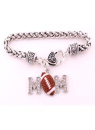 Selling Antique Sliver Plated Zinc Studded With Sparkling Crystal Rhinestone MOM FOOTBALL Pendant Charm Wheat Bracelet6103356