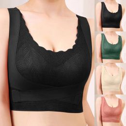 Women's Shapers Sports Bra With Padding Traceless Lace Side Buckle Gather And Fold Up Breast Yoga Tank Top Anti Sagging Back