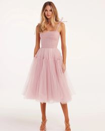 Elegant Tulle Short Prom Dress 2024 Square Collar Lace Up with Bow Spaghetti Strap Ribbons Sleeveless Cocktail Dresses Evening Birthday Gowns Robe De Soiree