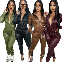 Women's Two Piece Pants Women Tracksuit Hooded Hoodies Solid Pencil Pieces Set Pockets High Street Slim Fit Shirring PU Leather
