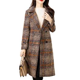 Women' Blends Winter Women Plaid Print Windbreaker Overcoat Lapel Double Breasted Pockets Belt Mid length Slim Fit Woollen Coat Outwear 231213