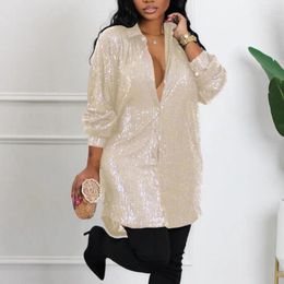 Casual Dresses Women Shirt Dress Shiny Sequin Single-breasted Turn-down Collar Long Sleeve Mid Length Blouse Mini