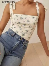 Women's Blouses Shirts 2022 Adjust Bow Strap Ivory blue Floral Print Camis Women Summer Ruched Short Tank Tops Retro Cool Girl Sexy Slim Crop Top Tees YQ231213