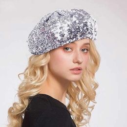 Berets Women Fashion Sparkling Sequins Beret Colourful Cap Nightclub Dress Hat Gold Silver Pink Vocal Concert Tour 2023