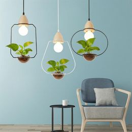 American Plant Pot Pendant Lamp Restaurant Dinning Room Pendant Light Black White Color Wood Pendant Lighting with glass245D