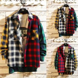 Men's Casual Shirts Men Streetwear Thick Clothing Harajuku Colour Block Flannel Plaid Shirt Long Sleeve Male Vintage Fashions Korean Coats