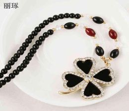 Korean Fashion Lucky Fourleaf Clover Pendant Long Necklace Female Inlaid Crystal Zircon with Beaded Jewelry6315487