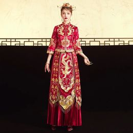 Ethnic Clothing Chinese Wedding Dres Elegant Red Stand Collar Phoenix Embroidery Threequarter Sleeve Xiuhe Retro Tang Suit 231212