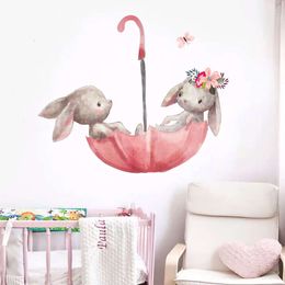 Cute Grey Bunny Ballet Rabbit Wall Stickers for Kids Room Cat Baby Nursery Wall Decals Pink Flower for Girl Room Home Decoration