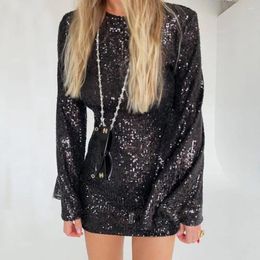 Casual Dresses Women Dress Shiny Sequin Round Neck Slim Fit Long Horn Sleeve Solid Colour Above Knee Length Tight Waist Prom Party Mini