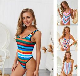 Women Swimming Equipment Lady Contrast Color Monokini Female Round Neck Water Sports Wear Women Swim Wear Striped Print One Piece 3330705