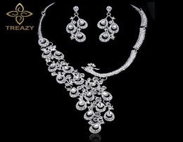 Luxury Silver Color Crystal Bride Wedding Jewelry Set Charm Peacock Design Necklace Earrings Set Women Bridal Party Jewelry D181003688755