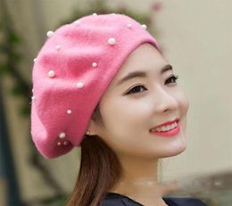 Winter Little Pearl Beret Caps Bonnet Women Beanie Wool Warm Bead Caps Ladies Solid Color Autumn Girl Hat Feminina27915366991106