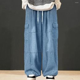 Men's Pants Cargo Jeans Versatile Oversized Elastic Waist Multiple Pockets Wide Leg Trousers Solid Colour Baggy Denim For Style