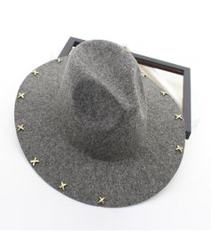 Wide Brim Wool Felt Fedora Jazz Hats Rivets Decor Women Men Panama Style Trilby Party Cowboy Cap Unisex Fashion Gambler Hat2857631