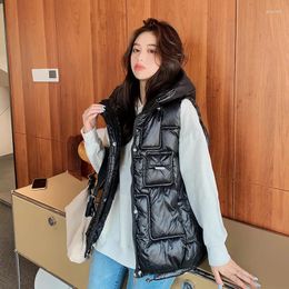 Women's Vests Winter Vest For Women Matte Glossy Hooded Padded Fashion Pockets Female Short Sleeveless Jacket Outwear Waistcoat