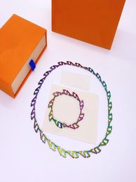 Europe America Style Jewelry Sets Men Women Quenching metal Rainbowcoloured L and Vshaped Chain Link Necklace Bracelet Sets 2052558738