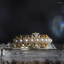 Cluster Rings HOYON 14K Yellow Gold Colour Origianl White Pearl Ring For Women Wedding Fine Jewellery Gift Girlfriend