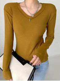 Women's T Shirts Spring Shirt Women Long Sleeve Tops Korean Style Slim V Neck T-shirts Ribbed Solid Basic Cotton Casual All-match Clothes