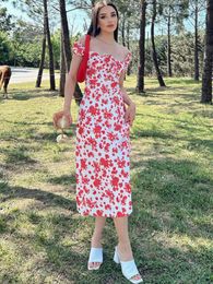 Casual Dresses Ahagaga Stylish Square Collar Elegant Chest Strap Midi Dress Fashion Sexy Slit Floral Women