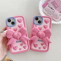 3D Cute Bowknot Folding Bracket Kickstand Soft Silicone Phone Case for iPhone 11 12 13 14 15 Pro Max Heart New Year Cover Shell 100pc