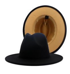 Black Tan Patchwork Faux Wool Felt Panama Fedora Hats Black Felt Band Decor Womens Men Jazz Party Trilby Cowboy Cap5146569