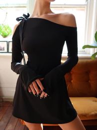 Casual Dresses Ahagaga Stylish One-Shoulder Cold-Shoulder Long Sleeve Black Sexy Dress Temperament Waist-Controlled Slimming Skirt