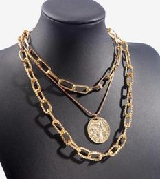 Chains Flatfoosie Vintage Multilayer Portrait Coin Pendant Necklace For Women Gold Colour Metal Link Chain Bohemia Jewelry6971092