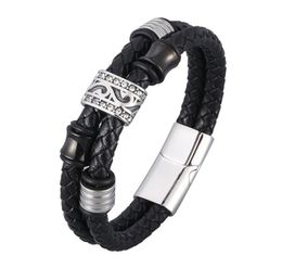 Charm Bracelets Punk Black Double Genuine Leather Braided Bangles For Men Stainless Steel Vintage Male Wrist Band Hand Jewelry SP08000772