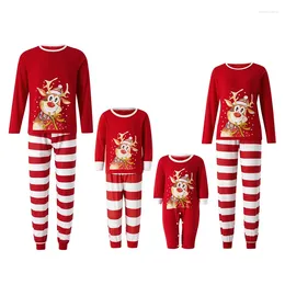 Women's Two Piece Pants Christmas Parent-child Outfit Leisure Wear Cartoon Elk Stripe Printing Long Sleeve Round Collar Sleepwear For
