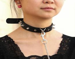 Chokers Sexy Rivet PU Leather Collar Lead Chain Towing Rope Bell Choker Slave Costume BDSM Bondage Necklace Neckband Sex Punk Goth2638137