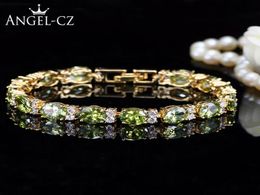 Dubai Yellow Gold Colour Jewellery Oval Olive Green Crystal Connect Bling CZ Classy Ladies Bracelet Bangle For Women AB079 Link Chai9120897