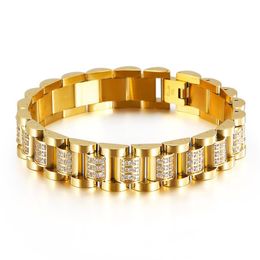 High Quality Gold Colour Watchband Chain Bracelets Stainless Steel Rose CZ Crystal Zircon Biker Link Bracelets Bangle Jewellery For M292M