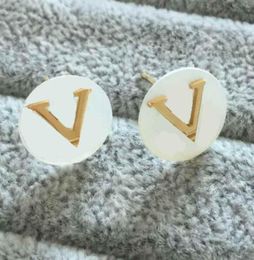 White Shell Top Quality Stainless Steel Luxurious Studs Gold Plated V Letter Women Designer Earrings Cute Trendy Jewelry6153724