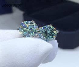 Classic 925 Sterling Silver Pass Diamond Tester Round Brilliant Cut 2 BlueGreen Moissanite Stud Earrings Women Jewelry8187587