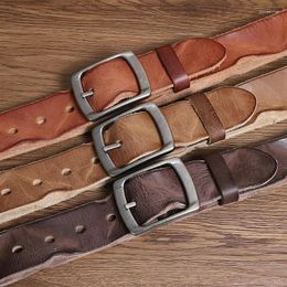 Belts Korean Version Retro Distressed Pleated Belt Men's Leather Needle Buckle Layer Cowhide Trendy and Personalised Youth Jeans Bel