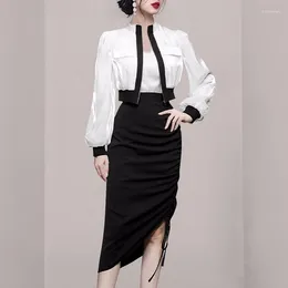 Women's Two Piece Pants 2023 Summer Office Ladies Stand Collar Puff Sleeve Zippers Short Jacket Coat Suits High Waist Black Slim Skirts Set