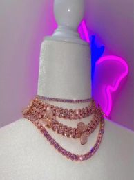 rose gold pink CZ Miami cuban link chain butterfly Necklace Iced Out bling Zircon fashion choker necklace hip hop women jewelry3348490