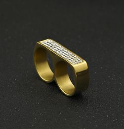 Men 18k Gold Plating Round Wedding Ring Retro Silver rhinestone Two Finger Double steel Size 6159043035