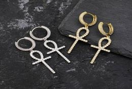 14K Gold Plated Ankh Egyptian Drop Earrings Bling Micro Pave Cubic Zircon Earring for Men Women Drop Earrings6262186