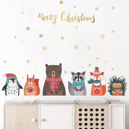 Merry Christmas Animals Fake Fireplace Christmas Gift Wall Stickers for Living Room Kitchen Room Home Decorative Sticker Decor