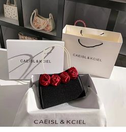 Evening Bag Handbag Luxury Satin Square Bag Red Rose Flower Pearl Beading Handle Wedding Party Clutch Purse Crossbody 231212