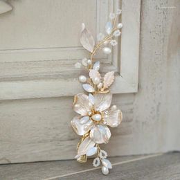 Hair Clips Gorgeous Opal Crystal Bride Hairpins White Enamel Flower Alligator Clip Headpiece Gold Color Leaf Wedding Accessories