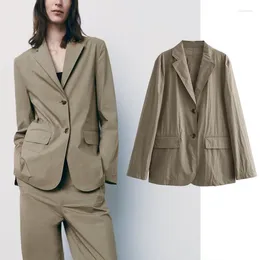 Women's Suits Office Ladies Straight Cut Blazer 2023 Autumn Khaki Formal Pocket Vintage Lapel Long Sleeve Coat Women Button Jacket