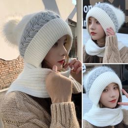 Cloche Winter Hood Beanies Thick Woolen Knitted Hat Scarf Fur Pompom Crochet Bonnet Outdoor Ski Female Skullies Cap Warm Headgear 231213